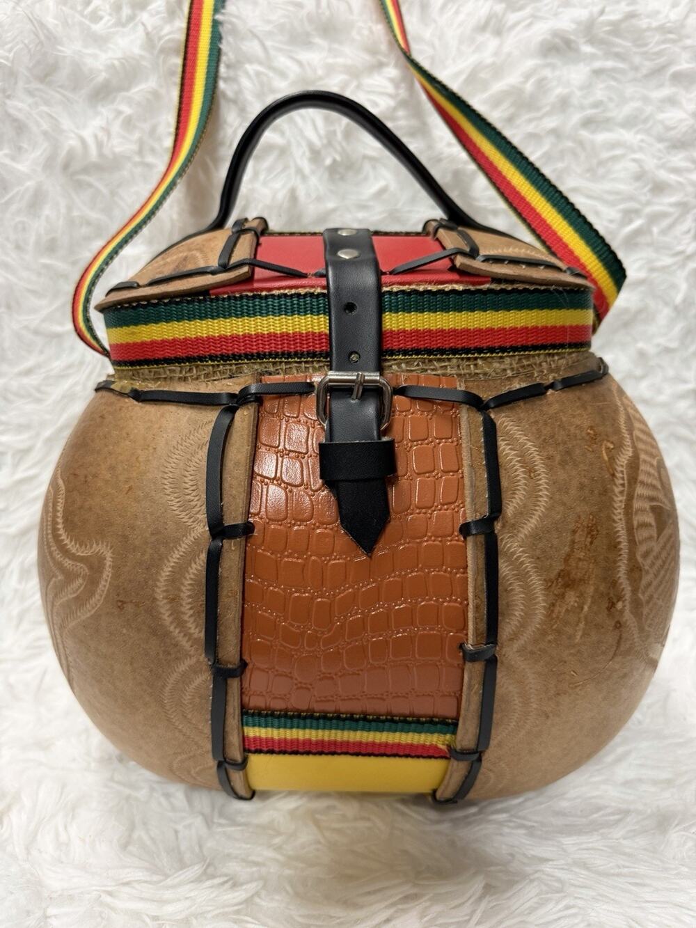 Vintage African Inspired Tooled Leather Handbag Rasta Stripe Boho Shoulder Bag